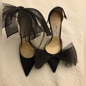 Jimmy Choo Black Satin Tulle Bow Pointed Toe Heels Size 40